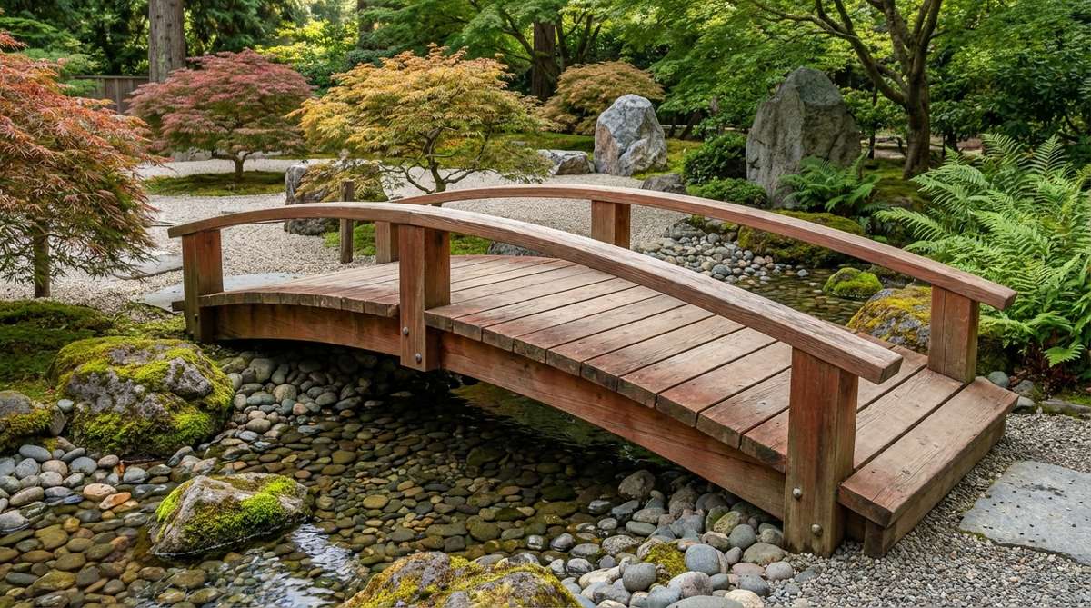 A redwood garden bridge with a gentle arc and single handrail, designed for spans up to 10 feet over water features in a Zen garden setting. The bridge features natural redwood that resists rot and insects, with a subtle curve rising 12-16 inches at the center for accessibility. The single handrail preserves open views and reduces visual bulk, making it ideal for garden perimeters where railings face viewing areas.