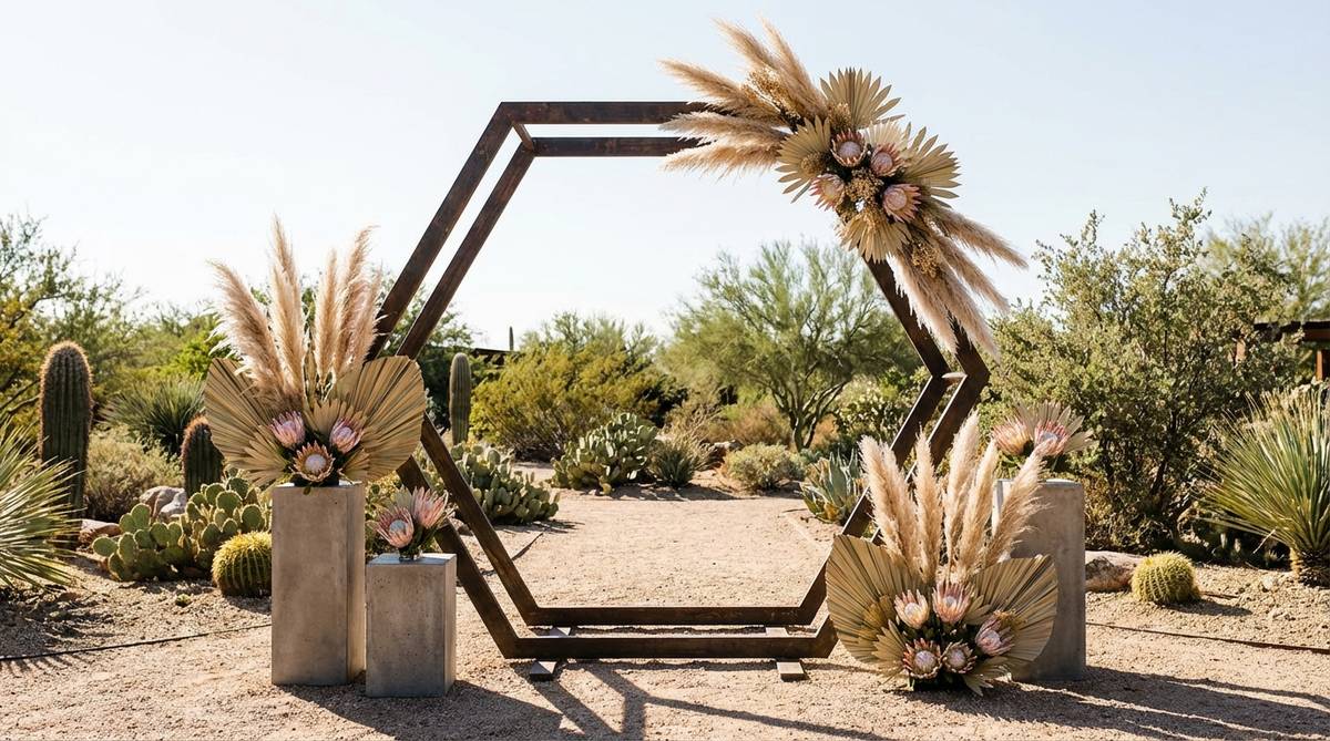 A modern hexagonal metal or wood frame with asymmetrical floral arrangements at specific angles, featuring dried pampas grass, preserved palms, or single-bloom clusters. This geometric structure is ideal for industrial-chic venues and desert landscapes, paired with concrete pedestals or natural stone bases for contemporary outdoor wedding decor.