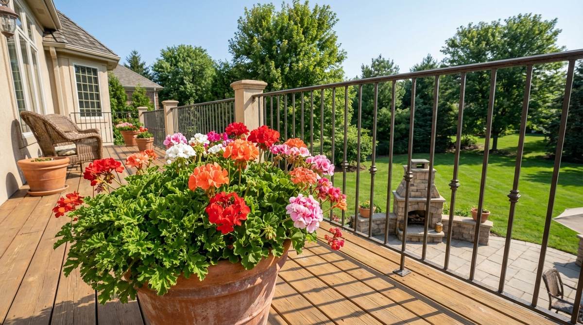 Colorful geraniums (Pelargonium) with clusters of red, orange, pink, and white blooms growing in a container on a sunny balcony. The hardy plants have citrus-scented foliage that repels mosquitoes and thrive in full to partial sun with loamy soil.