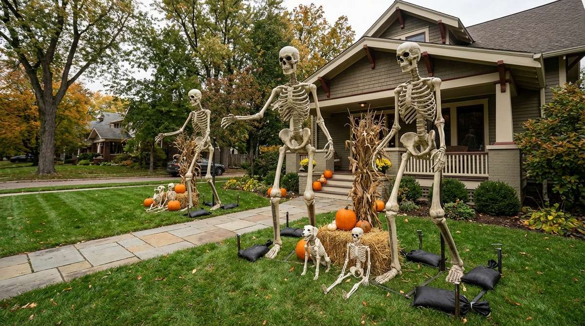 A Halloween outdoor decor setup featuring oversized skeletons positioned as a welcome squad, towering above a lawn to create a playful yet menacing mood. The skeletons are securely staked with ground anchors and sandbags, accompanied by smaller skeleton pets or kids for intentional scale contrast, all placed on lawn or hardscape to protect planting beds.