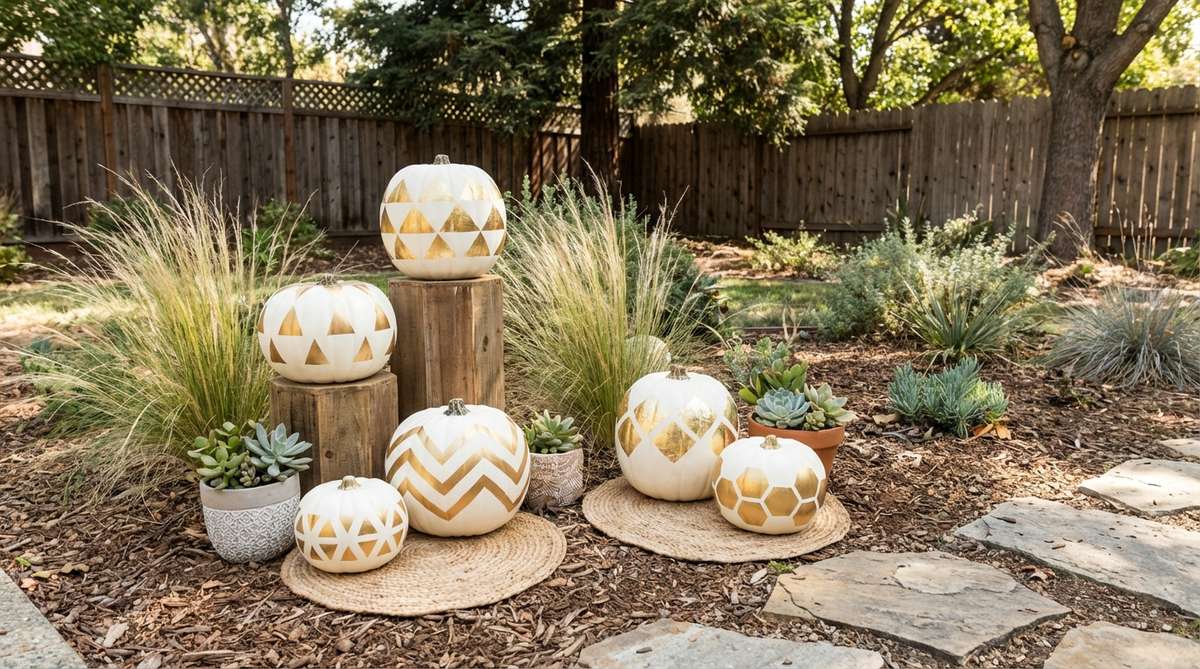A modern bohemian Halloween decoration featuring white pumpkins hand-painted with angular geometric designs in metallic gold. Abstract triangles, chevrons, and hexagons create a striking contrast, with crisp lines achieved using painter's tape or a freehand organic look. Gold leaf adhesive provides richer metallic tones, and the pumpkins are displayed on wooden pedestals or woven placemats to highlight the blend of natural and refined elements.