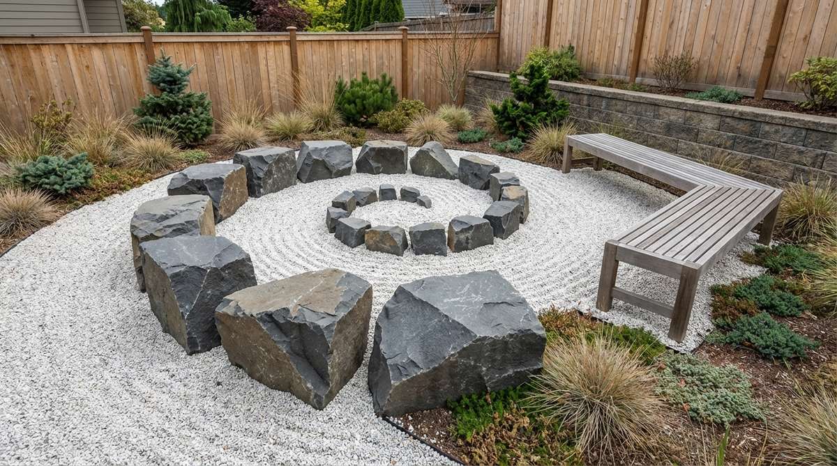 Angular boulders with sharp geometric forms arranged in a golden spiral pattern within a modern Japanese rock garden. The stones follow mathematical 1.618 ratio placement through white granite gravel, creating a meditation space that blends ancient philosophy with modern mathematics.