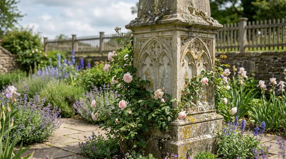 A limestone obelisk with carved relief panels featuring pointed arch motifs, showcasing medieval Gothic character. The vertical design emphasizes height, with decorative tracery that adds texture and interacts with light. Ideal for cottage gardens or historic restorations, it pairs well with climbing roses and develops lichen growth over time for an aged aesthetic.