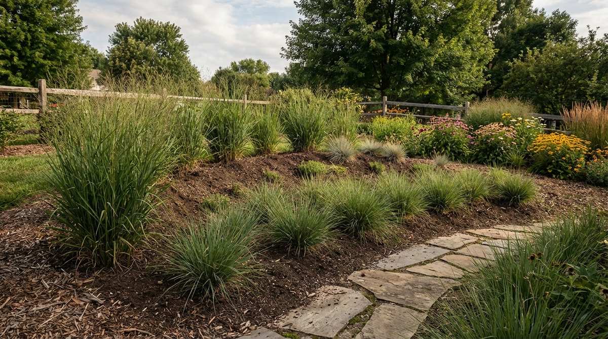 An illustration showing engineered soil mounds, or berms, rising 12-24 inches and stretching 6-10 feet across a sloped garden to soften transitions. The image depicts clay-rich soil cores covered by loamy topsoil layers, with deep-rooted grasses planted along contours to establish erosion resistance. This naturalistic design blends with existing topography, minimizing maintenance once the root matrix is established.