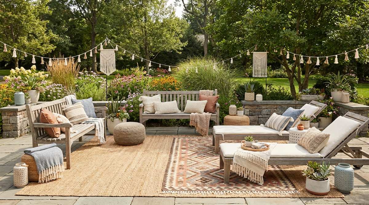 A visual guide to the graduated layering system in boho decor, showing a three-tier approach with large anchor pieces like rugs, medium elements such as cushions, and small accents like tassels, arranged to create balanced visual weight and eclectic style.