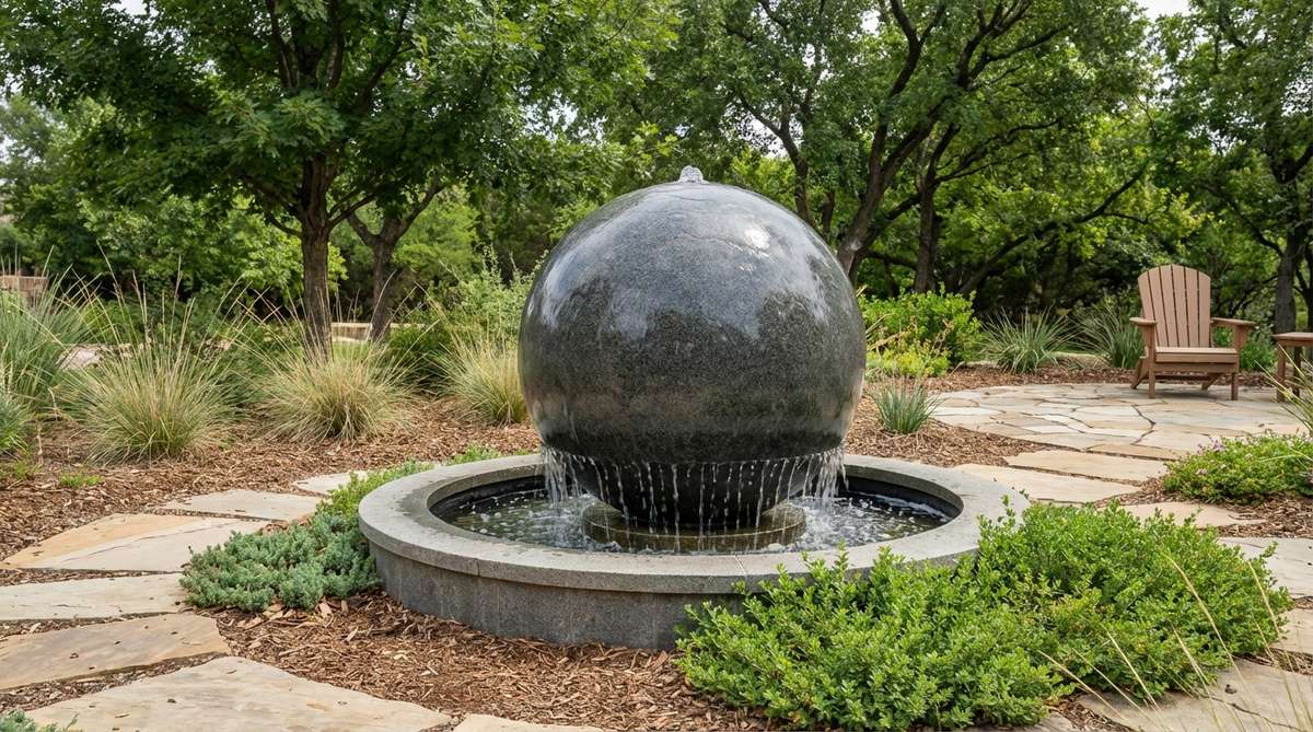 A polished granite sphere fountain rotating smoothly on a water cushion, creating a continuous sheet of water over the stone surface. The hypnotic movement and consistent trickling sound provide visual meditation focus and relaxation in a garden landscape.
