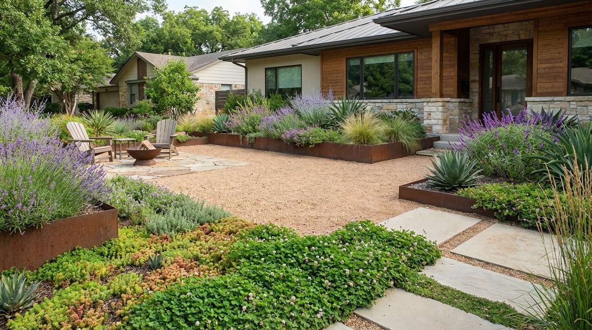 A modern front yard garden design featuring a gravel courtyard with drought-tolerant perennials in structured planting beds, showcasing a no-grass lawn alternative with European aesthetic.