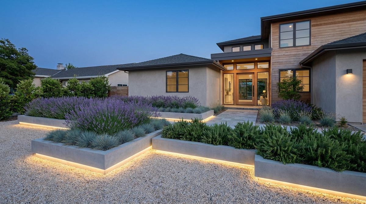 A modern front yard garden design featuring raised concrete planters hovering above a pale gravel field, creating distinct planting islands without physical borders. The beds contain drought-tolerant species like lavender, rosemary, and ornamental grasses arranged in monochromatic groupings, with angular geometry reinforcing the architectural style. LED uplighting beneath the planters enhances the floating effect after dark, ideal for flat lots to add dimension and improve drainage.