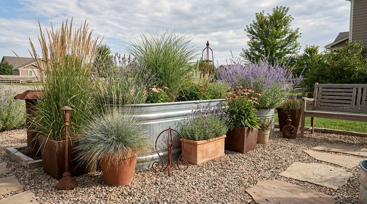 An unpainted galvanized stock tank placed in a gravel-filled corner, surrounded by large potted ornamental grasses and drought-tolerant perennials, creating a rustic and flexible garden feature with excellent drainage and industrial-style decor.