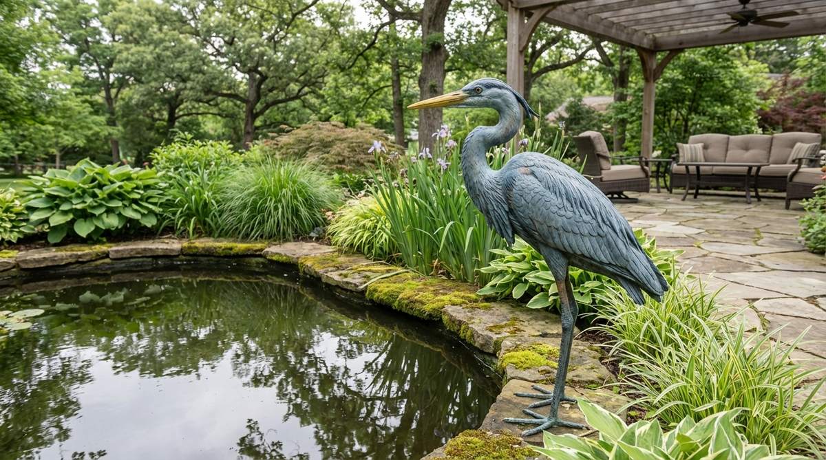 A realistic great blue heron sculpture with blue-gray plumage and yellow bill, positioned at a pond edge to enhance garden decor with its reflective water feature.