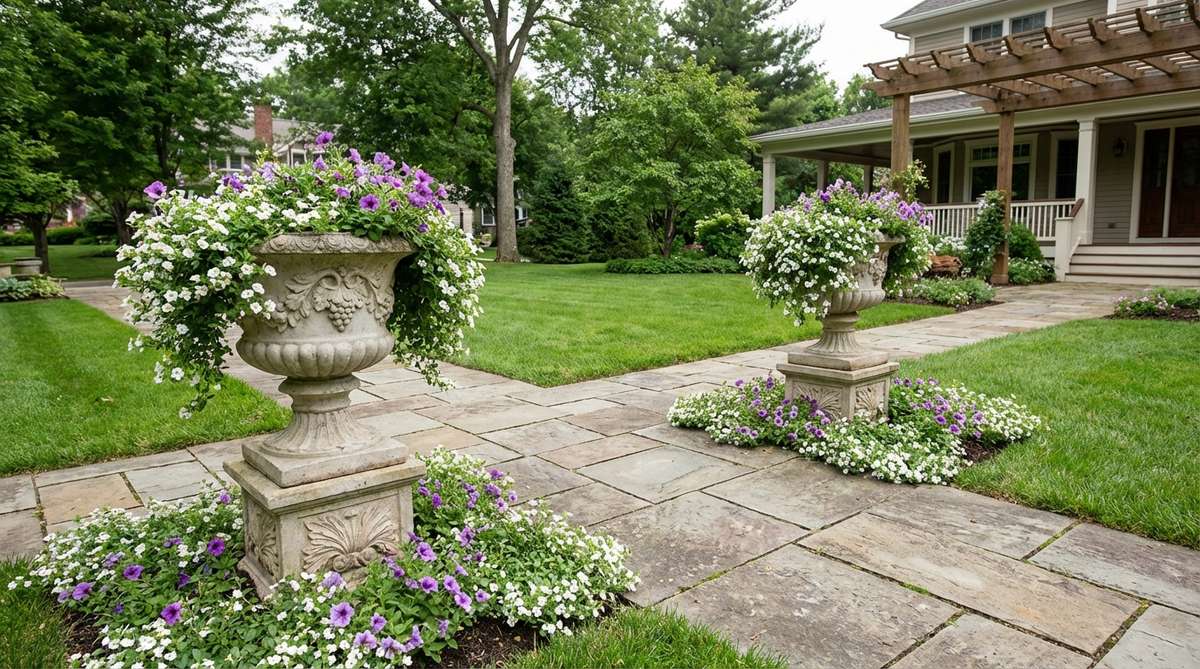 A classical garden statue featuring elevated Grecian urns mounted on pedestals with carved acanthus leaves and grape vines, positioned at a pathway intersection with trailing annuals softening the stone formality.