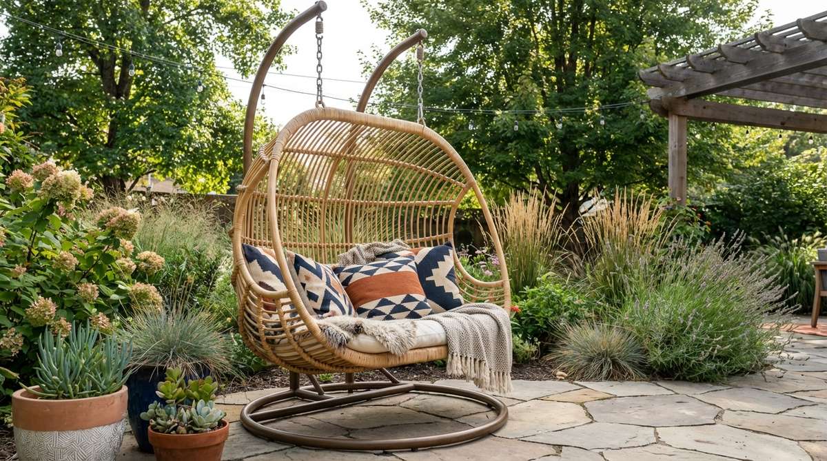 A suspended rattan egg chair with woven construction, featuring gentle rocking motion and cozy curved design. Shown with geometric print cushions and textured throws in an outdoor boho garden environment with sturdy installation.