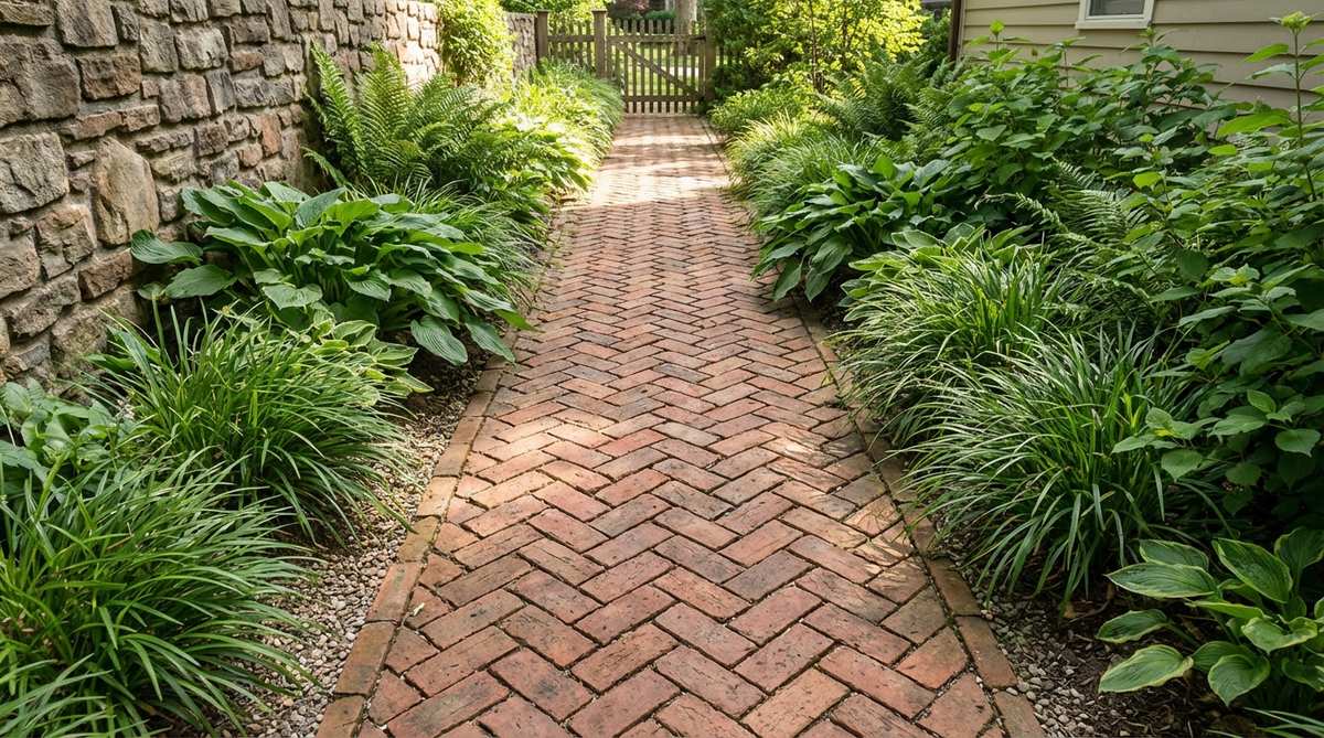 A garden path showcasing the herringbone 90-degree brick pattern, with bricks arranged perpendicular to the edges in horizontal zigzag rows, ideal for narrow passages like side yards, vegetable garden aisles, or doorway thresholds between 3 to 5 feet wide. The design emphasizes linear movement and suits spaces flanked by walls or dense plantings.