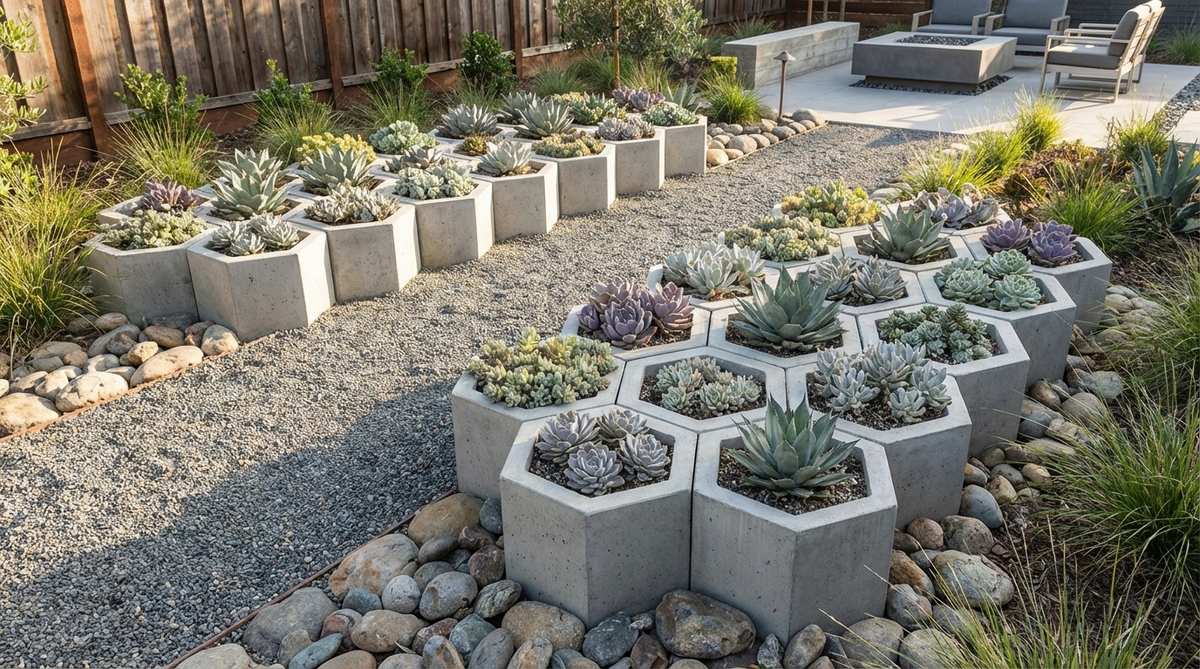 A modern zen garden featuring hexagonal concrete containers arranged in tight honeycomb formations, planted with drought-tolerant succulents in gray-green and silver shades. The six-sided units, each measuring eight inches across with two-inch walls, are clustered along gravel borders or pathway intersections, creating visual rhythm and bridging organic and manufactured aesthetics with minimal irrigation needs.