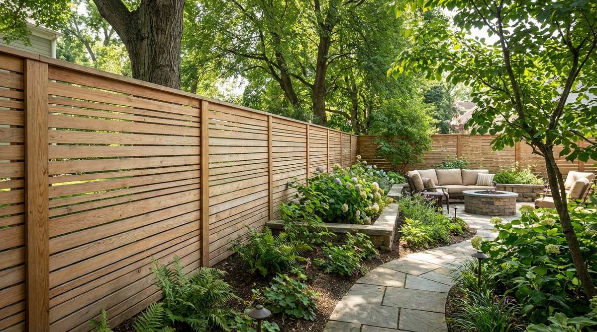 A horizontal slat cedar fence made from tightly grained cedar boards arranged with quarter-inch spacing, creating linear continuity to make narrow gardens appear wider. The natural wood tones are preserved with transparent sealers, offering privacy while preventing a solid appearance, ideal for ground-level installations in humid or rainy regions.