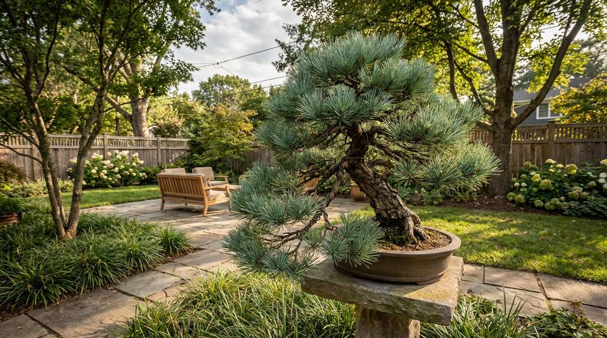 A Japanese White Pine bonsai (Pinus parviflora) with soft blue-green needles arranged in five-needle clusters, showcasing compact growth and elegant pad development. The subtle coloration intensifies in sunlight, adding dimensional interest to garden compositions. Branches are wired during dormancy to maintain shape without sap bleeding.