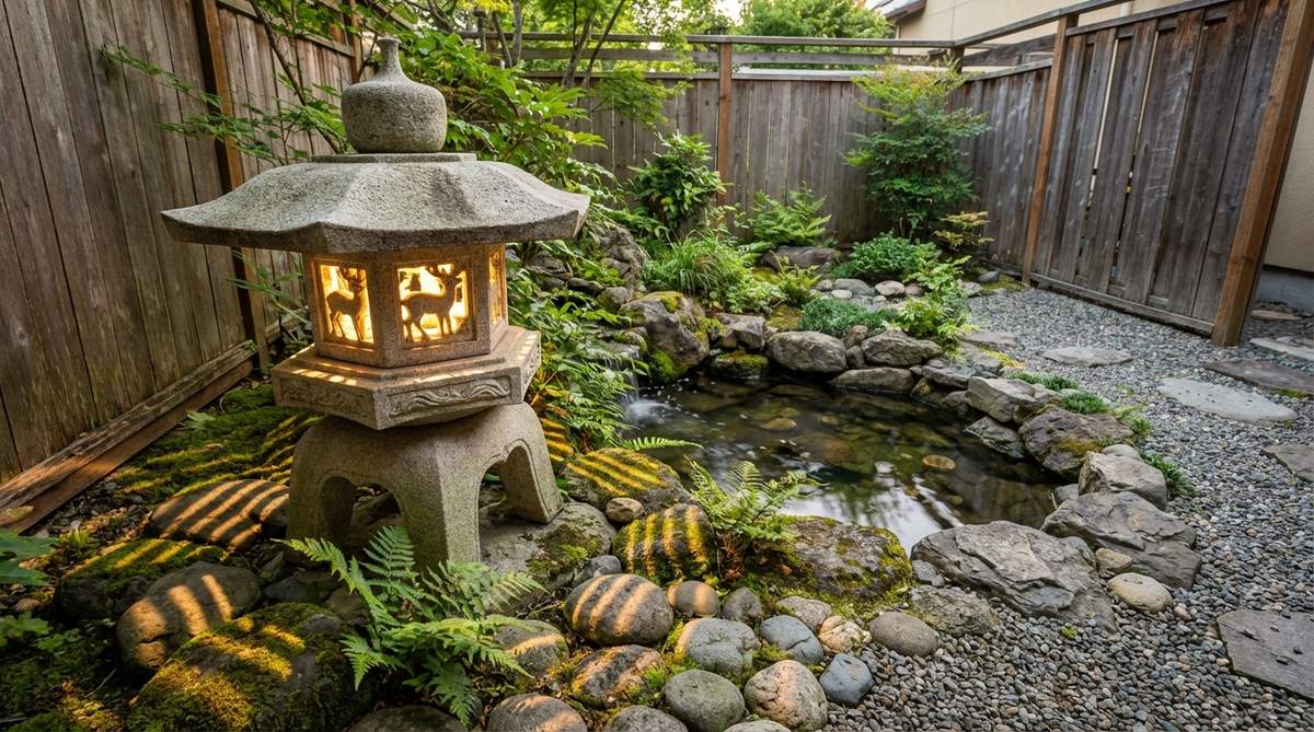 Traditional Japanese Kasuga-doro hexagonal shrine lanterns with deer motifs carved into each facet, radiating light in six directions to create layered shadow patterns. Perfect for installation near water features in compact gardens, courtyards, or narrow side yards.
