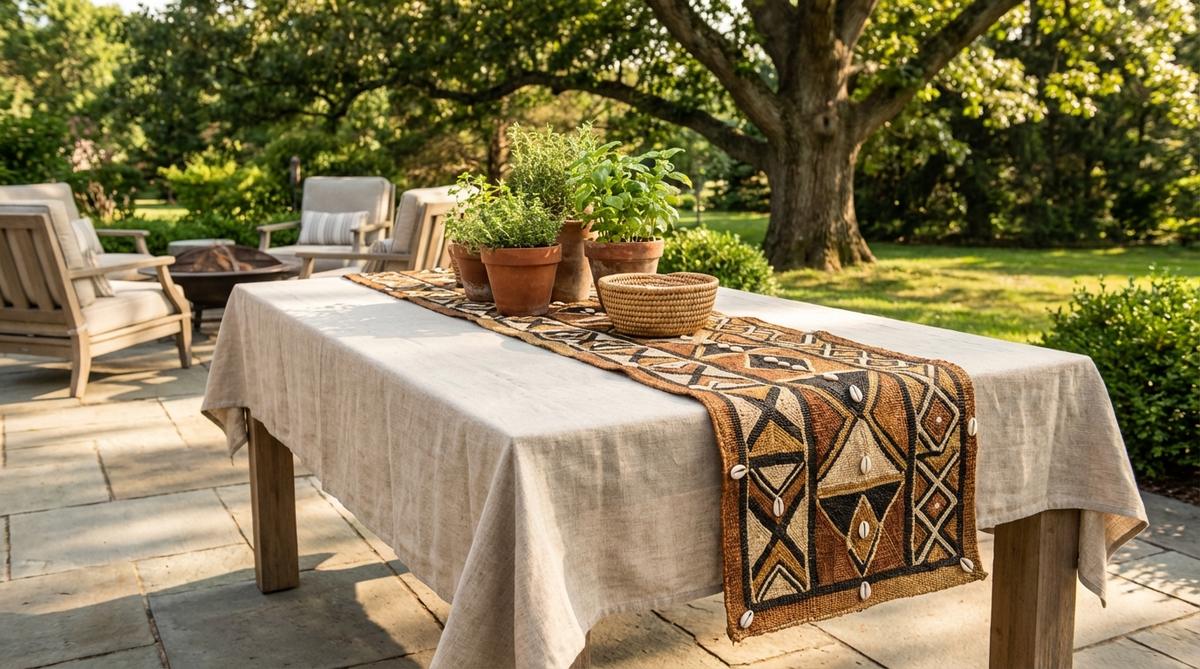 A handcrafted Kuba cloth table runner from the Democratic Republic of Congo, featuring intricate geometric embroidery and appliqué in natural earth tones. This authentic textile showcases traditional patterns with cowrie shell embellishments, perfect for creating a textured focal point on dining tables or console surfaces in Afro Boho decor.