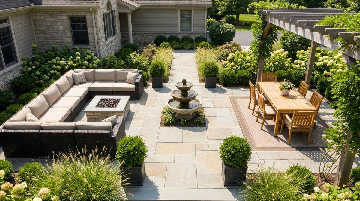 An outdoor patio layout showing an L-shaped sectional sofa anchored in one corner with a dining set positioned perpendicularly in the adjacent corner, creating two distinct zones separated by a central corridor. A focal element like a fountain marks the intersection point, ideal for square patios or spaces with corner access points.