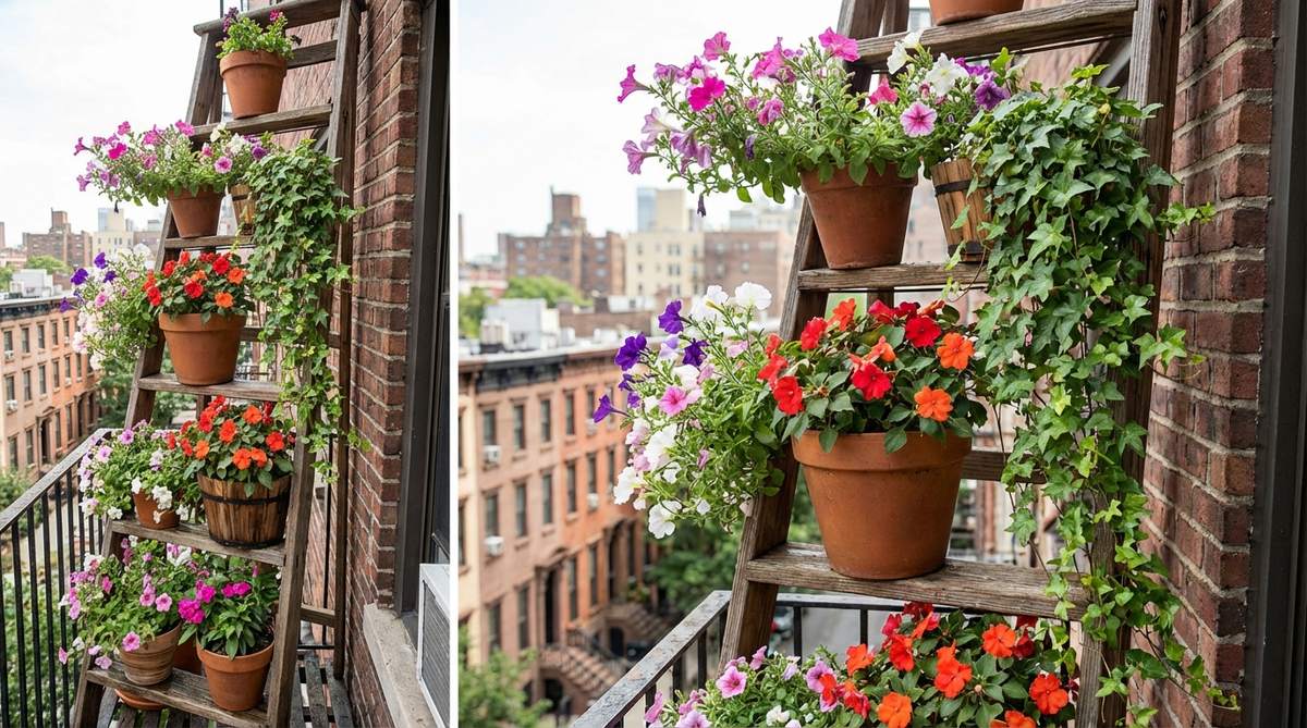 A vertical garden using a repurposed wooden ladder or tiered shelf on a NYC balcony, displaying small containers with petunias, impatiens, and trailing ivy at varying heights. Cedar and redwood construction resists moisture in humid summers, and the freestanding design requires no drilling to comply with co-op regulations.