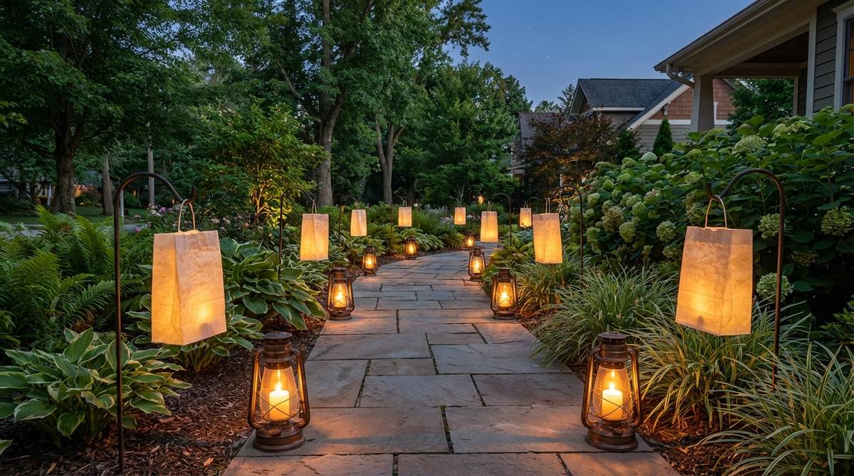 A beautifully illuminated garden pathway lined with paper lanterns and metal hurricane lamps spaced 4-6 feet apart, creating a warm, inviting glow for evening garden parties. Some lanterns are placed on short stakes while others rest directly on pavers, creating varied heights and visual texture. Battery-operated LED candles provide safe illumination in paper lanterns, while real pillar candles glow inside enclosed metal styles.
