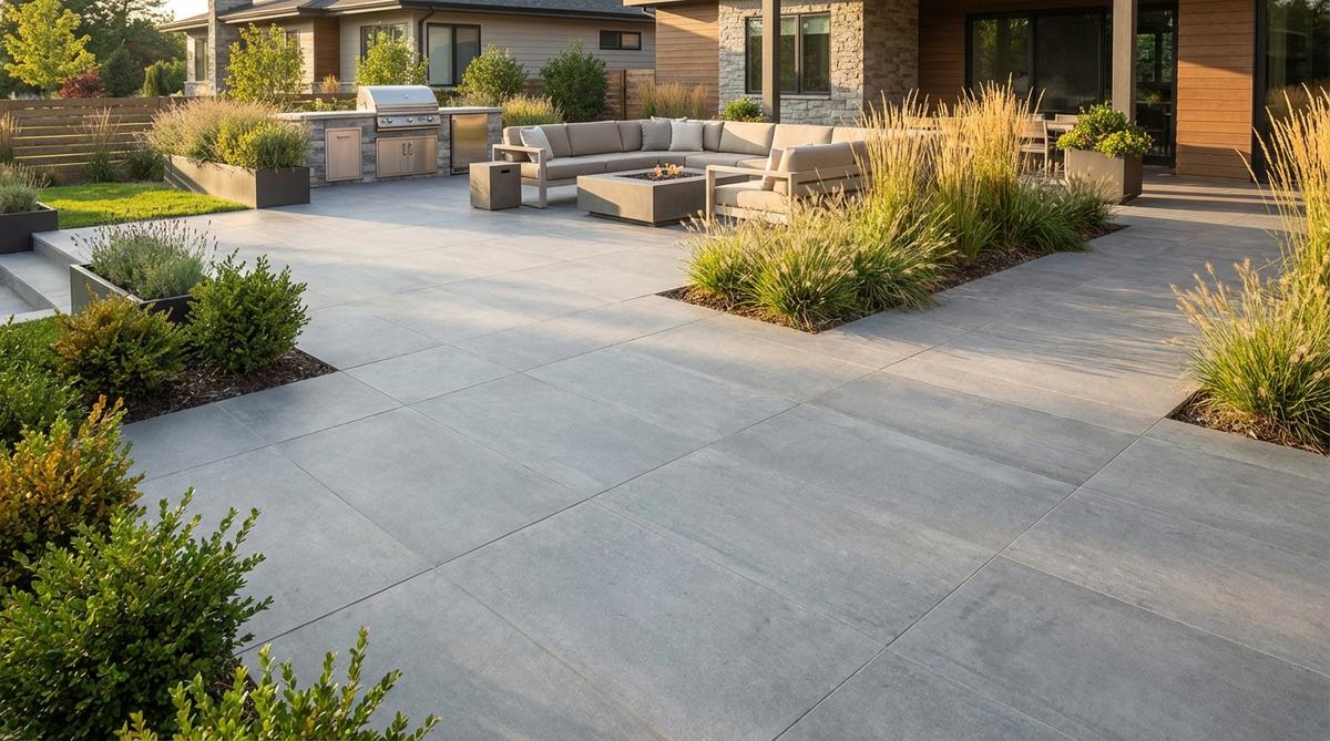 A modern garden featuring large-format porcelain pavers measuring 24x48 inches or larger, creating seamless surfaces with minimal grout lines. The honed or matte finish reduces glare and improves traction, while the pavers resist staining, fading, and temperature extremes, offering a sophisticated canvas for furniture and plants.