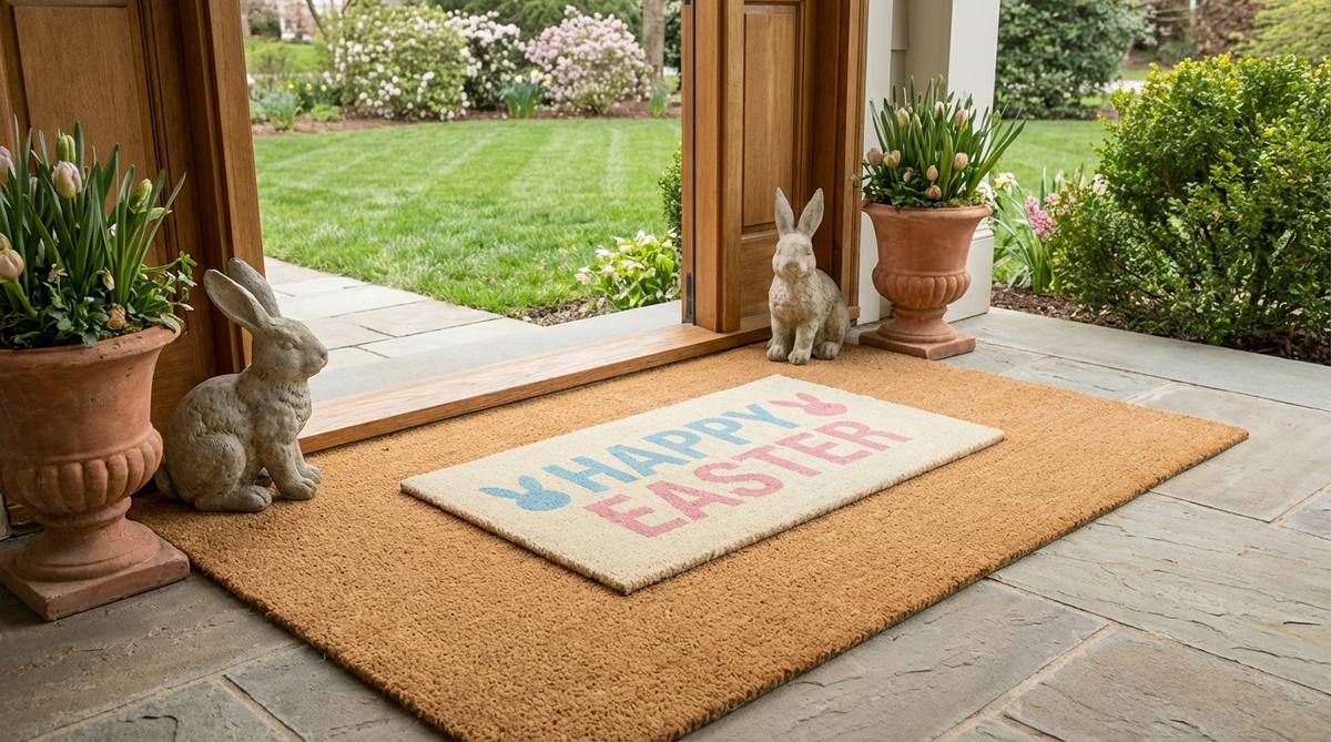 A layered doormat arrangement for Easter featuring a natural coir base mat topped with a smaller seasonal doormat with pastel typography and subtle bunny motifs. Two concrete bunny statues frame the entryway, creating a balanced and festive outdoor decor setup.