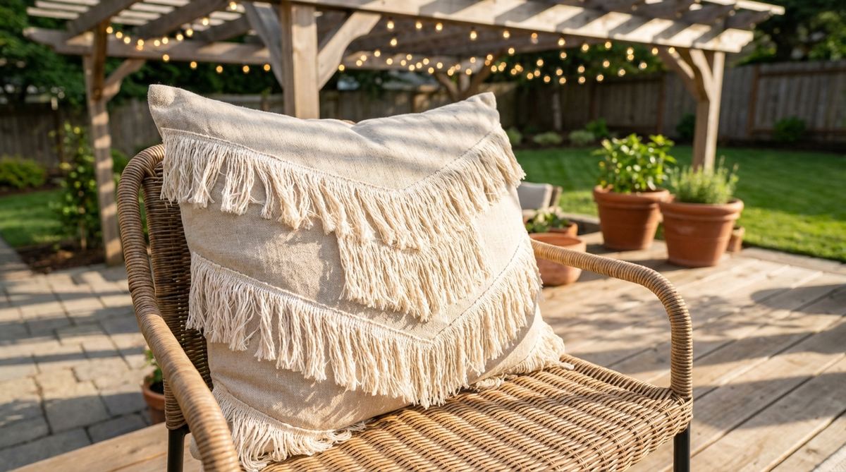 A boho cushion with multiple rows of natural cotton fringe in varying lengths cascading down a linen base, creating movement and texture that complements rattan and wicker furniture. Perfect for softening angular outdoor seating and creating enchanting shadow play with string lights.