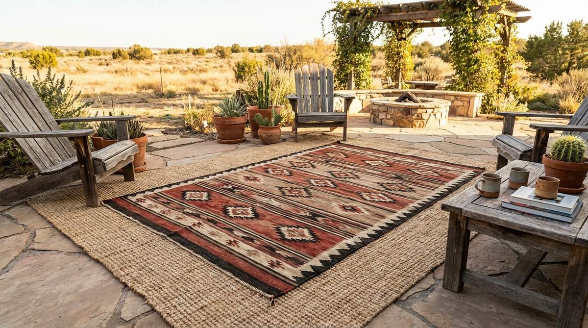 A vintage Navajo rug with geometric tribal patterns layered over a natural jute rug, creating a warm and textured seating area in a western boho decor setting. The bottom jute rug extends 12-18 inches beyond the top rug for visual balance, showcasing the layering technique that protects valuable textiles while allowing seasonal rotation.