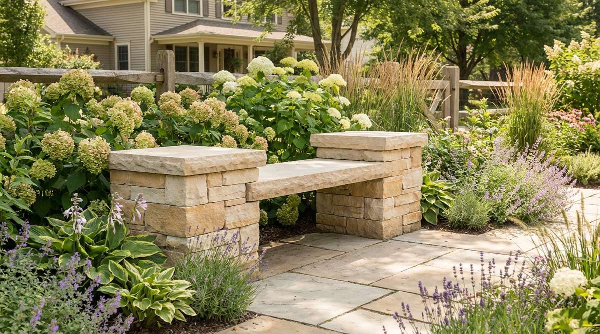 A stone garden bench featuring stacked limestone blocks forming sturdy support piers that frame a single continuous seat slab, creating clean horizontal lines. The warm beige and cream tones of limestone blend seamlessly with cottage garden plantings. This construction method allows for custom width adjustments to fit specific site dimensions.
