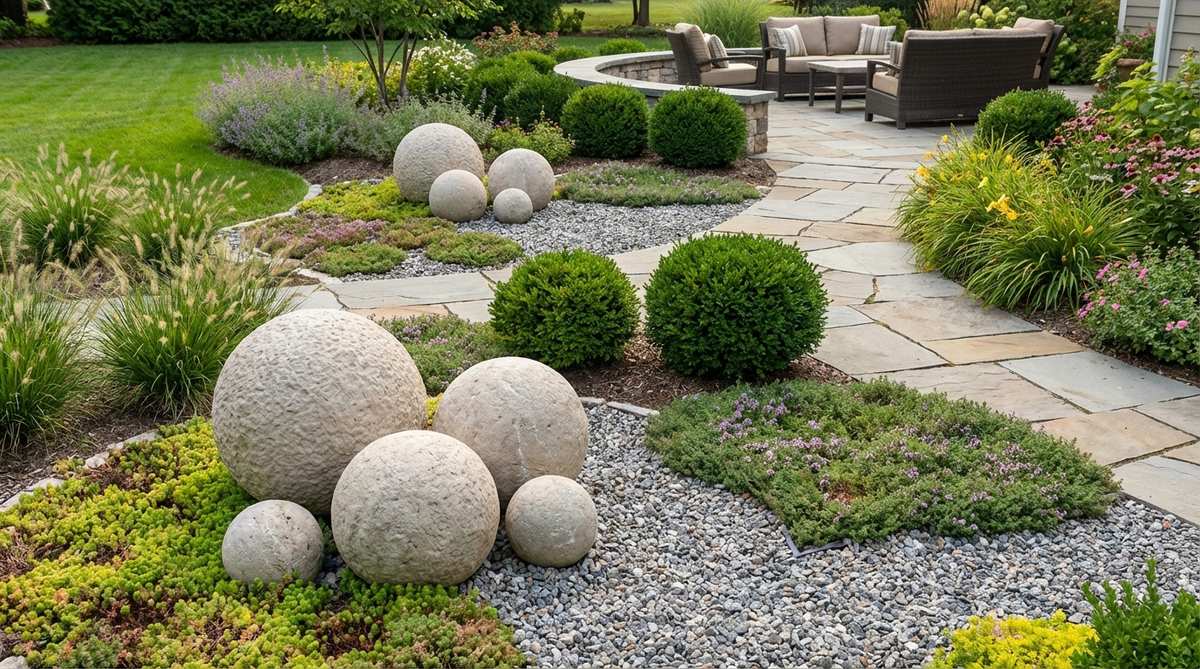 Hand-carved limestone spheres in various sizes from 8 to 36 inches, arranged in odd-numbered groupings in gravel beds or nestled among low groundcovers. These geometric garden accents provide contrast against organic plantings and suit both modern and traditional landscape designs.