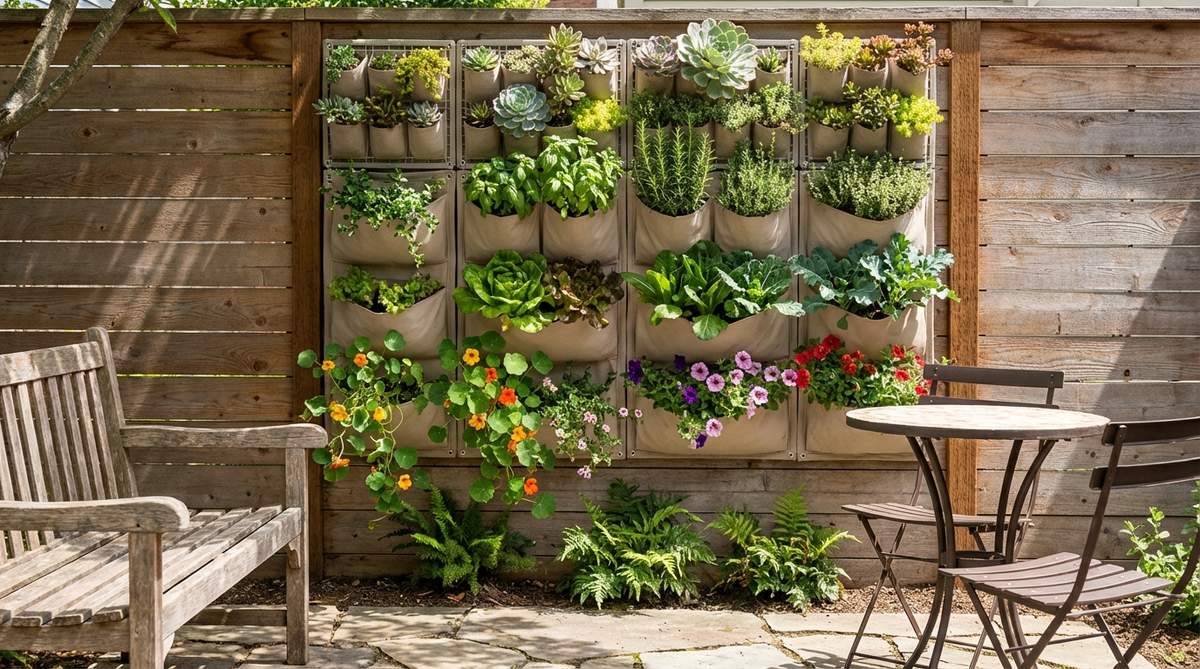 A vertical garden system featuring fabric pocket planters or modular grids mounted on a fence or wall, showcasing herbs, leafy greens, and trailing flowers in a small backyard setting. The image highlights efficient use of space with plants arranged by water needs, such as ferns at the bottom and succulents at the top, under direct sunlight.