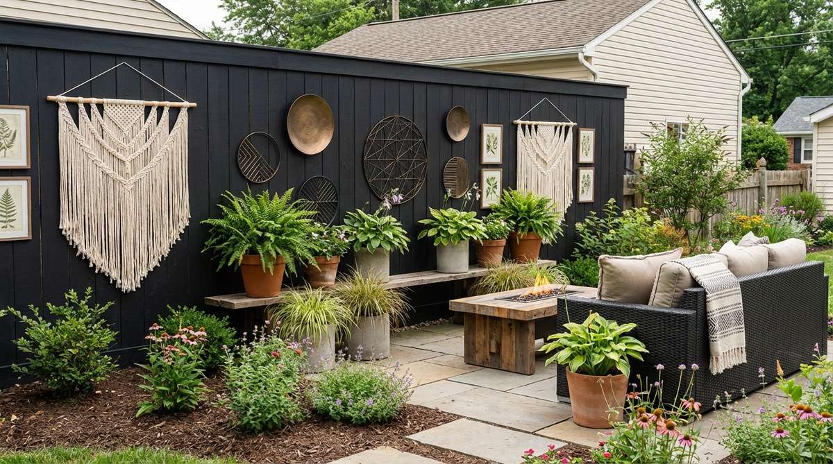 A deep matte black accent wall in a boho-inspired room, serving as a velvety backdrop that enhances the vibrancy of art, macrame, and metal wall hangings, creating a dramatic yet airy gallery-worthy space.