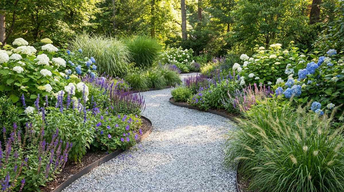 A winding gravel garden path with gentle curves through layered plantings of hydrangea, salvia, and ornamental grasses. The path features smooth radius transitions created with flexible steel edging and uses white or light gray pea gravel that reflects sunlight to brighten shaded garden areas.