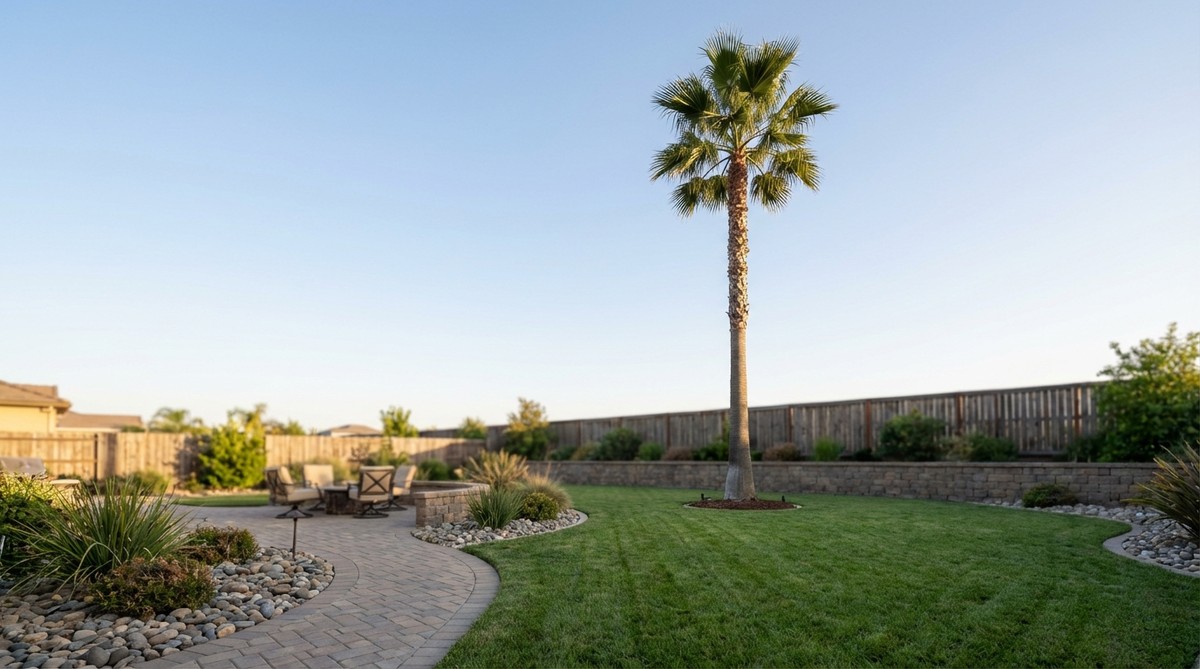 A dramatic Mexican fan palm reaching up to 100 feet tall, creating a striking skyline silhouette in a tropical garden design. Planted as a solo specimen in an open lawn area, showcasing its full architectural form against a clear sky. The fast-growing, drought-tolerant palm provides year-round interest with minimal maintenance, ideal for water-conscious landscapes and resort-style approaches.
