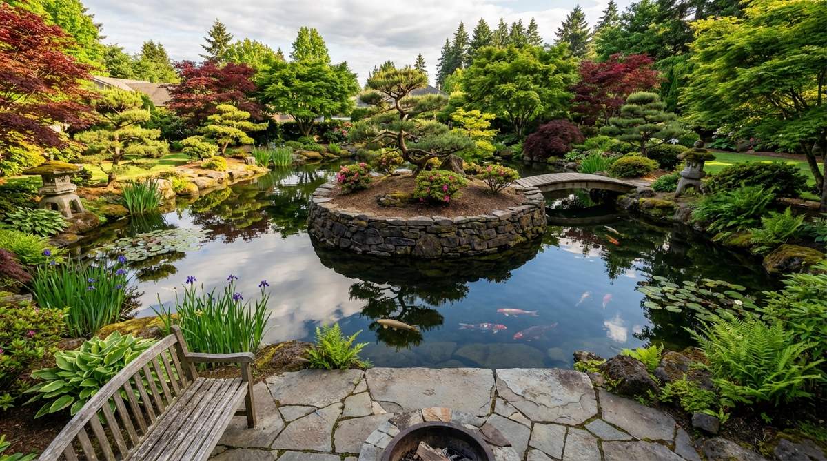 A serene Japanese garden pond with a calm water surface reflecting surrounding plants and sky, featuring a central island made of stacked stones and soil, adorned with Japanese maples or ornamental pines. The island symbolizes Mount Horai or shapes like a turtle or crane for longevity, with shallow water for marginal plants and deeper zones for koi. The pond exceeds 150 square feet to maintain mirror clarity and is positioned near seating areas for meditative viewing.
