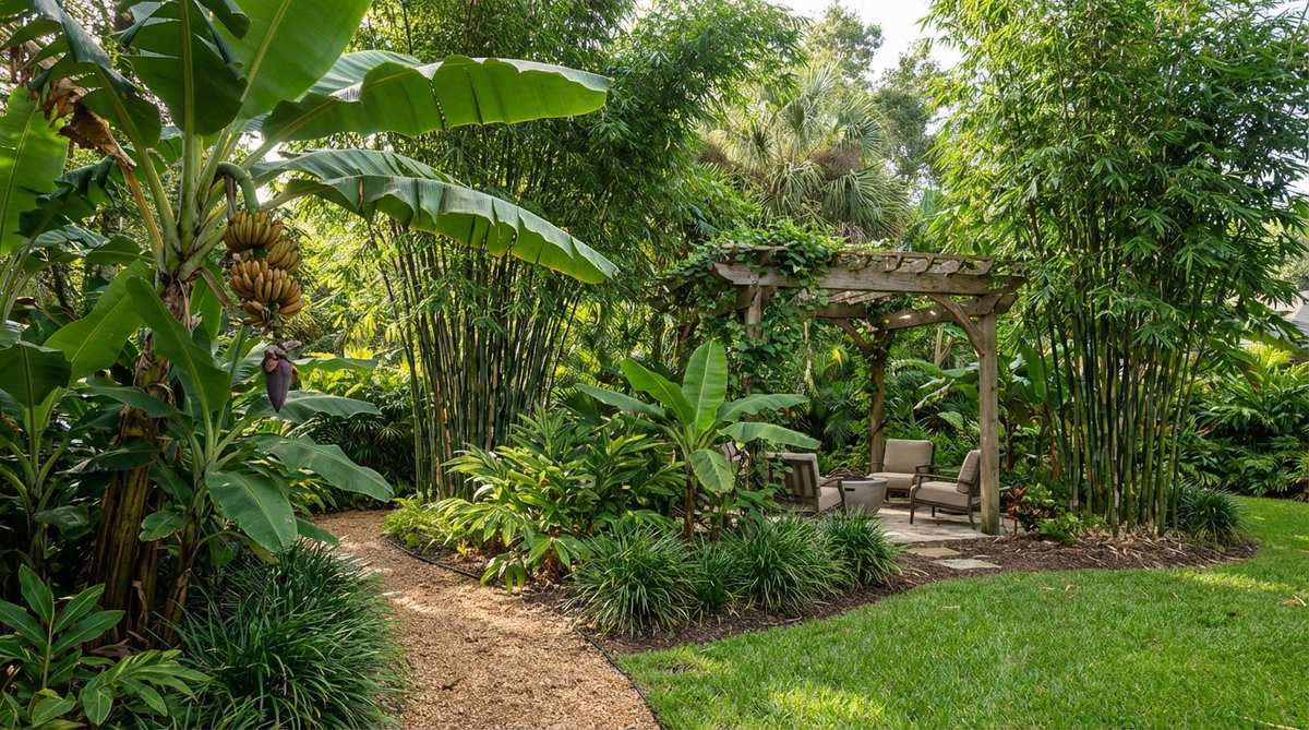 A lush tropical garden scene featuring a mixed canopy with banana clusters and bamboo stands, showcasing varied heights between 12-20 feet. The broad leaves of banana plants contrast with the vertical texture of bamboo, creating natural focal points in a layered rainforest structure.