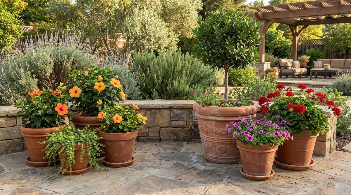 A Mediterranean garden arrangement featuring terracotta pots in varying sizes from 12 to 24 inches in diameter, clustered in odd-numbered groups. The composition includes larger pots with structural plants like bay trees alongside smaller vessels filled with colorful geraniums, petunias, and hibiscus, creating depth and organic layering in a cohesive earthy palette.