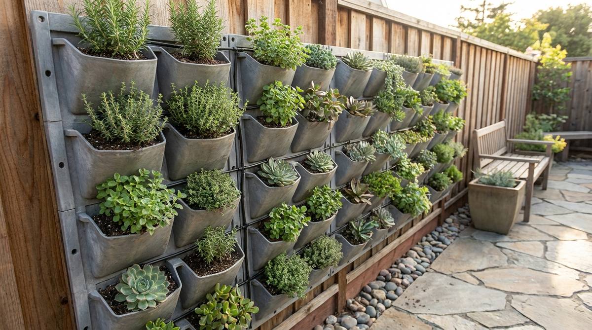 A modular wall panel system installed in a small garden space, showing interlocking plastic or metal panels with individual planting pockets arranged in a grid pattern. The system features built-in irrigation channels and is planted with herbs and succulents, demonstrating efficient vertical gardening with minimal maintenance requirements.
