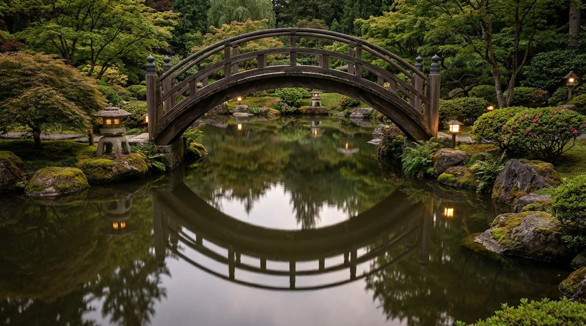 A serene Japanese garden moon bridge arching over still water, creating a perfect circular reflection symbolizing completeness and Zen philosophy. The dark wood finish contrasts with the calm surface, enhanced by lantern light for evening viewing.