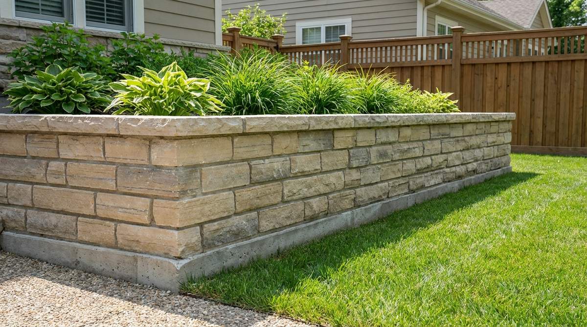 A small garden retaining wall constructed from mortared limestone blocks in warm beige and gray tones, showcasing formal structure with classic appeal. The uniform sedimentary stone blocks are laid in courses with mortar joints on a concrete footing, demonstrating excellent compression strength for soil retention in a compact garden space.