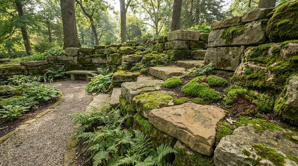 A serene stone garden composition featuring weathered limestone or sandstone paired with shade-loving moss species, creating the impression of ancient temple grounds. The image shows the contrast between hard stone surfaces and soft moss, with moss varieties planted in soil pockets between stones and colonizing the stone surfaces.