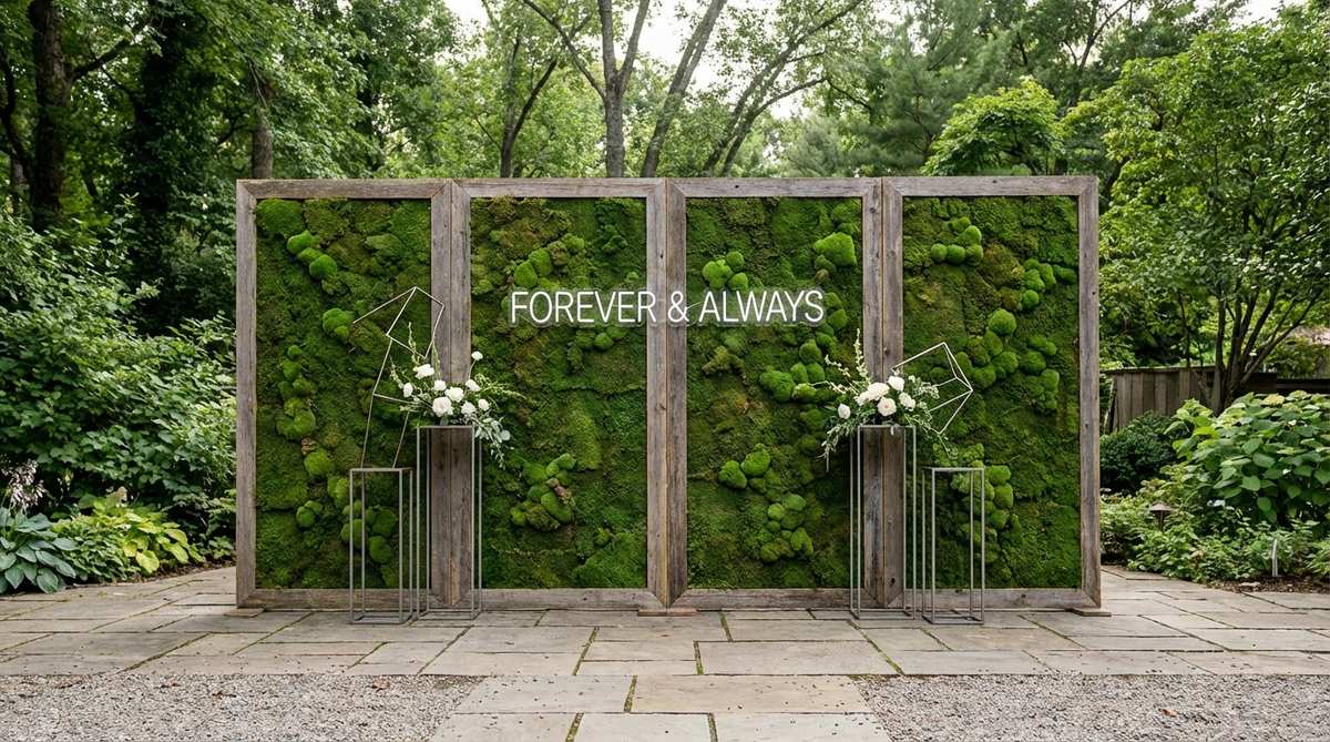 A moss-covered garden backdrop with modern accents for wedding decor, featuring preserved moss panels on wooden frames with neon signs, geometric installations, or minimalist floral accents. This natural backdrop provides textural depth, excellent photography opportunities, and sound-absorbing qualities for ceremony acoustics.