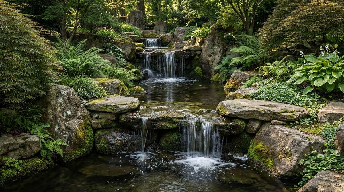 A detailed illustration of a multi-tiered waterfall cascade (taki) in a Japanese garden, featuring two or three levels with varying heights and widths to mimic mountain streams. Flat stones create ledges where water pools briefly before spilling to the next tier, producing gentle splashing and deeper tones. This design symbolizes strength and resilience, while providing natural white noise to mask urban sounds and encourage meditation.
