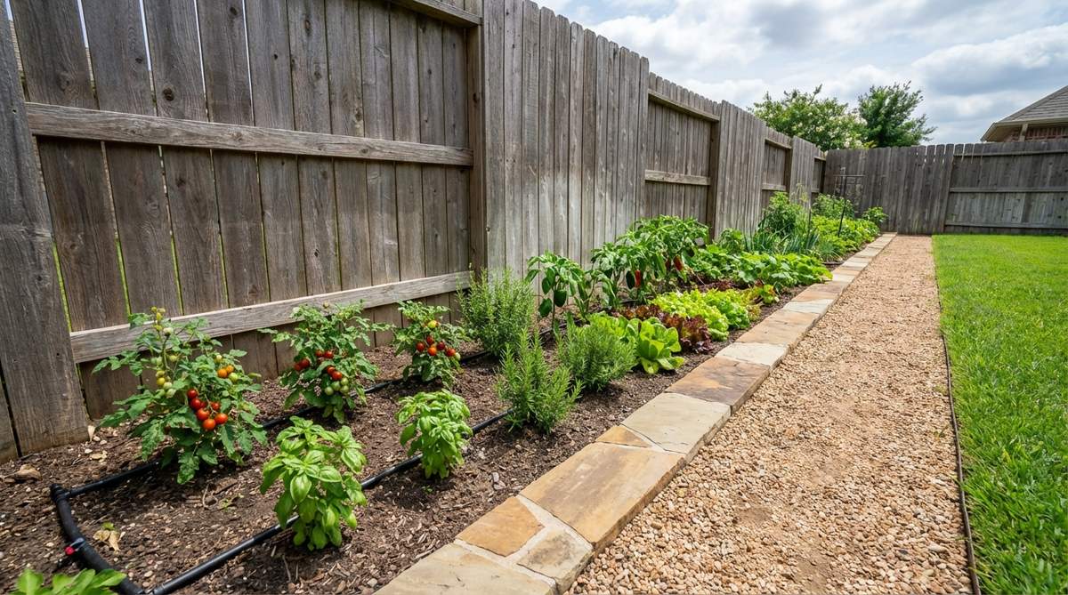 A narrow garden bed installed along a fence line, showcasing compact vegetable and herb planting with drip irrigation and clean edging.