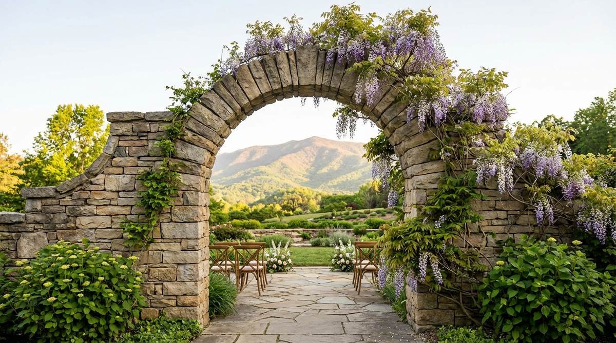 A permanent stone arch made from quarried limestone or granite blocks, framing a couple against garden or mountain views, with climbing vines like wisteria or hydrangea softening the edges and adding seasonal color for a wedding ceremony.