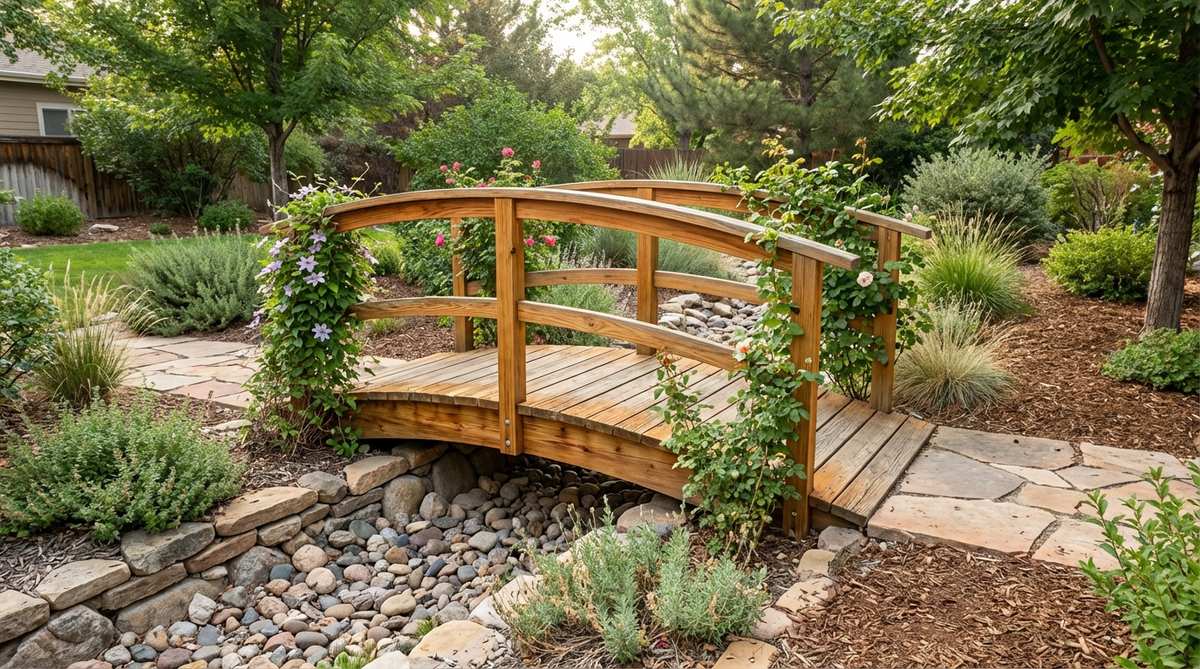 A small garden bridge made of natural cedar or redwood with an arched design and railings, featuring warm honey tones and wood grain texture. It provides a soft transition between garden zones, suitable for crossing water features, supporting climbing vines, and complementing woodland or informal backyard landscapes.