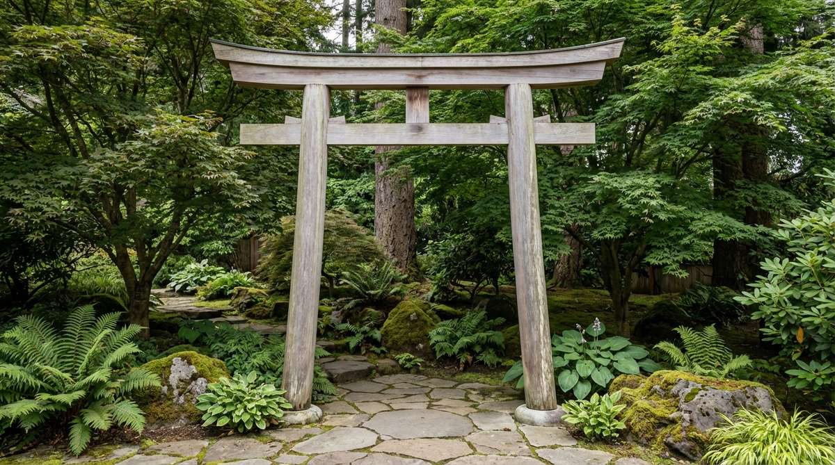 A Myojin-style torii gate made from natural wood, featuring curved posts that taper toward the top, creating organic movement. Constructed with weathered cedar or redwood that develops a silver-gray patina, harmonizing with stone and planted elements in a Japanese garden. The structure uses traditional mortise-and-tenon joinery and is suitable for woodland or shade garden settings.