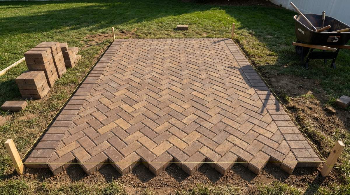 A small garden patio featuring a 90-degree herringbone pattern with pavers running parallel to the patio edges. The traditional layout emphasizes the patio's longest dimension, creating an illusion of greater depth while offering structural stability. String lines are visible for alignment during installation.