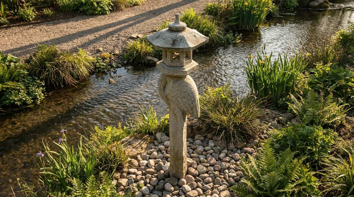 A slender hexagonal stone garden lantern with an elongated post, resembling a heron standing in shallow water. This graceful lantern reaches 5-7 feet tall, creating dramatic vertical lines ideal for streamside plantings. Perfect for casting long shadows across gravel or water surfaces in morning or evening light.